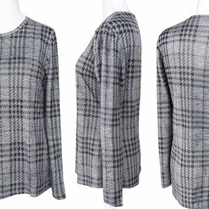 Pure Amici Grey Plaid Knit Top  w/ Subtle Gold Metallic Thread | Large
